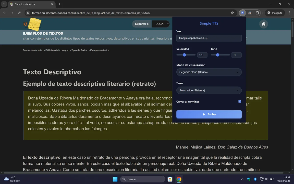 Interfaz principal de Simple TTS en modo oscuro