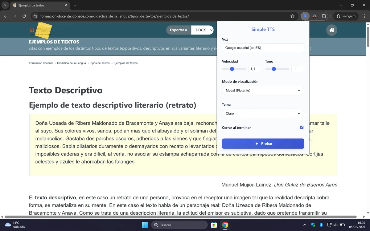 Interfaz principal de Simple TTS en modo claro